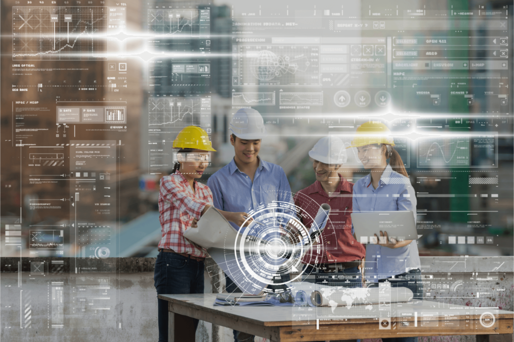 Hommes et femme sur table de chantier avec filtre de vue de tableaux de bord